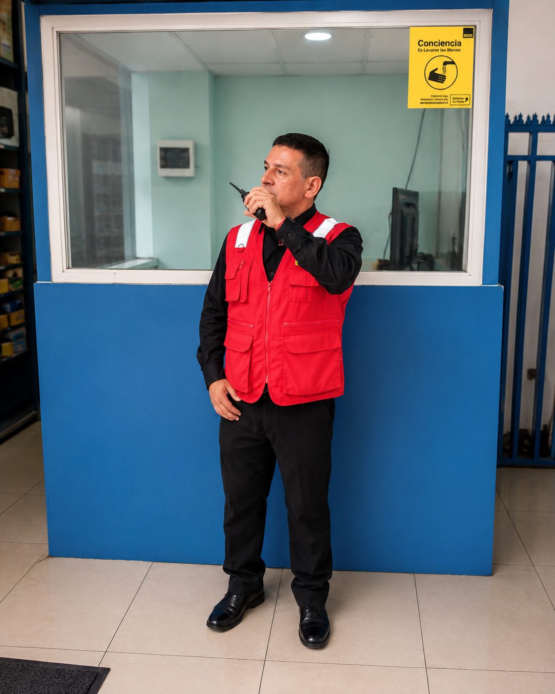 Guardia de United Security comunicándose por radio en caseta
