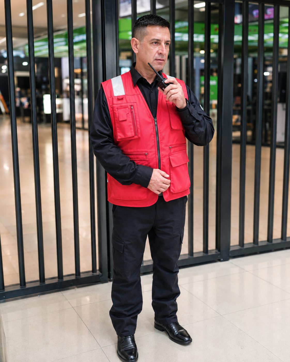 Guardia de United Security en pasillo de mall